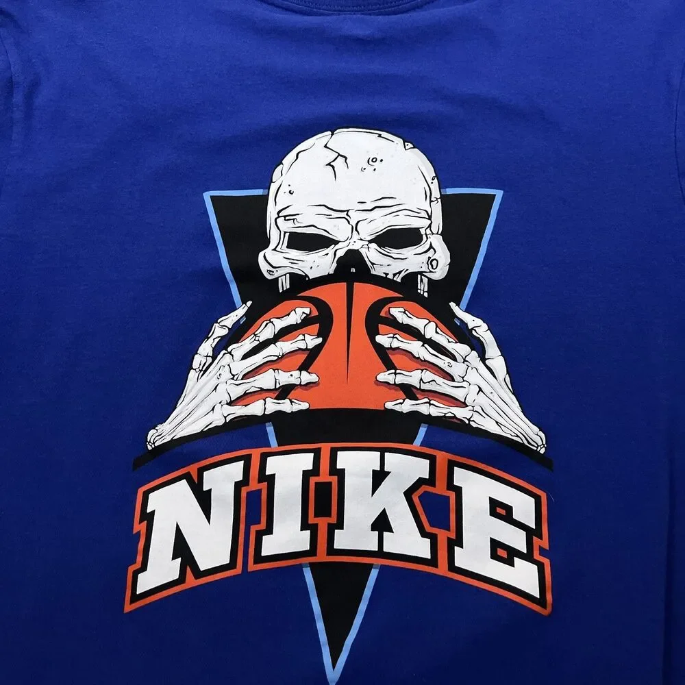 Nike Adult Shirt Medium Blue Orange Basketball Skull Skeleton Pullover Tee Mens